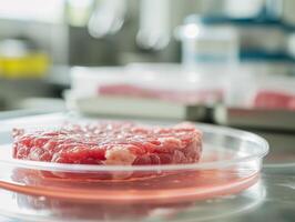 ai generato coltivato in laboratorio carne. carne campione nel bicchiere tazza per cellula cultura nel laboratorio. concetto di coltivando puro carne nel vitro. sintetico carne creato artificialmente. fotorealistico. foto