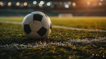 ai generato pieno notte calcio arena nel luci, calcio palla nel il stadio, avvicinamento. calcio incontro, calcio campionato, gli sport. fotorealistico, sfondo con bokeh effetto. ai generato. foto