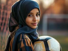 ai generato un' musulmano giovane donna nel un' hijab con un' calcio. ritratto di un islamico donna fare gli sport nel avvicinamento. fotorealistico sfondo con bokeh effetto. ai generato. foto