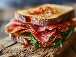 ai generato Sandwich con pezzi di secco carne mortadella e verdi. italiano merenda nel avvicinamento. fotorealistico, sfondo con bokeh effetto. ai generato. foto