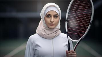 ai generato un' musulmano giovane donna nel un' hijab con un' tennis racchetta. ritratto di un islamico donna fare gli sport nel avvicinamento. fotorealistico sfondo con bokeh effetto. ai generato. foto