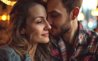 ai generato avvicinamento ritratto di un' bellissimo coppia nel amore nel un' bar. foto