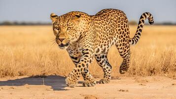 ai generato un' leopardo corre nel il savana. foto