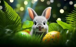 ai generato Pasqua coniglietto e Pasqua uova nel erba con bokeh sfondo foto