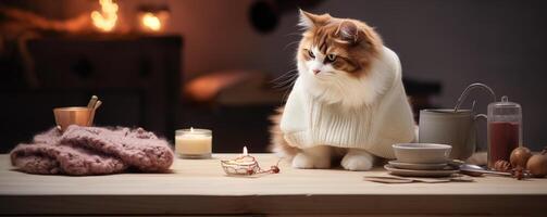 ai generato un' gatto su un' caldo maglione giocando su il tavolo. generato di artificiale intelligenza. foto