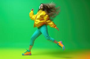 ai generato ragazza danza nel colorato scarpe da ginnastica su giallo e leggero verde sfondo foto