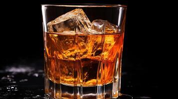 ai generato whisky su il rocce con ghiaccio cubi su un' nero sfondo foto