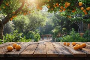 ai generato vuoto legna tavolo superiore con Limone albero è il sfondo per prodotti Schermo foto