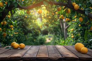 ai generato vuoto legna tavolo superiore con Limone albero è il sfondo per prodotti Schermo foto