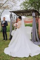 un' bellissimo giovane sposa, nel un' estate parco, passeggiate avanti di sua sposo. bellissimo nozze bianca vestire. passeggiate nel il parco. un' contento e amorevole coppia. foto