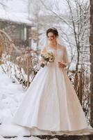 contento sposa nel un' bellissimo vestito contro il sfondo di nevoso montagne. inverno nozze. ritratto di un' bellissimo sposa nel un' bianca pelliccia cappotto e nozze vestito foto