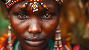 ai generato maasai donna e tradizionale perline ornamenti riflettendo sua identità. foto