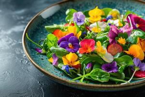 ai generato fresco insalata di primavera verdure decorato con commestibile fiori foto