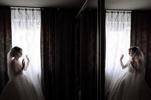 un' lussuoso sposa con un' bellissimo acconciatura e un' bellissima vestito è ottenere pronto per il nozze cerimonia nel il mattina. mattina foto di il sposa a casa o nel un' Hotel camera. professionale trucco.