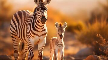 ai generato bambino zebra e sua madre nel il nazionale parco. foto