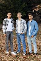 tre adolescenziale ragazzi, in posa nel natura, contento e avendo divertimento. adolescenziale compagne di classe siamo riposo contro il sfondo di un autunno foresta. foto