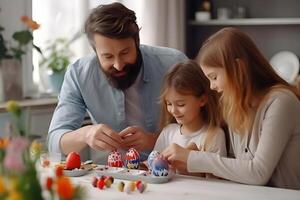 ai generato papà e figlie dipingere Pasqua uova. foto