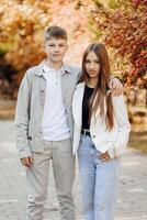 verticale foto di Due adolescenziale amici vestito nel casuale Abiti in piedi Il prossimo per ogni altro contro un' sfondo di natura. migliore scuola amici siamo pronto per superare nulla per raggiungere il obiettivo.