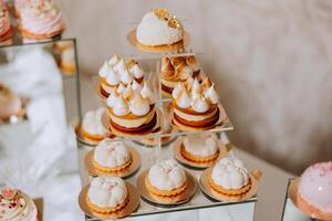 mandorla biscotti e vario dolce torte per un' nozze banchetto. un' delizioso ricezione, un' lussuoso cerimonia. tavolo con dolci e dolci. delizioso colorato francese dolci su un' piatto o tavolo. foto