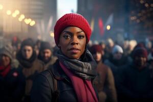 ai generato bellissimo africano americano donna nel rosso cappello e sciarpa su il strada. foto