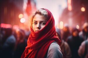 ai generato giovane donna nel un' rosso scialle su il città strada. foto