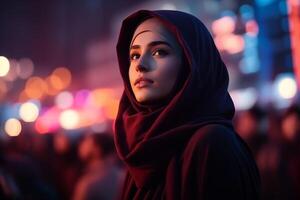 ai generato ritratto di bellissimo musulmano donna nel hijab su notte città strada. foto