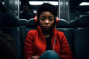 ai generato contento giovane nero donna seduta dentro il metropolitana ascoltando per musica. neurale Rete ai generato foto