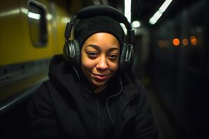 ai generato contento giovane nero donna seduta dentro il metropolitana ascoltando per musica. neurale Rete ai generato foto