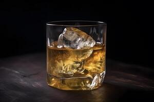 ai generato vicino su di un' tiro di whisky su un' bar superiore. neurale Rete ai generato foto