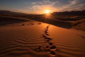 ai generato impronte nel il sabbia nel il deserto durante tramonto. neurale Rete ai generato foto