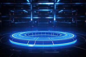 ai generato futuristico blu neon leggero cerchio su digitale tecnologia sfondo foto