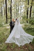 un' bellissimo giovane sposa, nel un' estate parco, passeggiate avanti di sua sposo. bellissimo nozze bianca vestire. passeggiate nel il parco. un' contento e amorevole coppia. foto