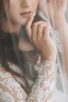 bellissimo sposa indossare un' bianca nozze vestito con maniche, davanti Visualizza. il vestito è ricamato con perline e fiori foto