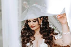 un' meraviglioso bellissimo ritratto di un' giovane sposa. bellissimo sposa con nozze trucco e gioielleria ghirlanda su lungo Riccio capelli. nozze foto modello con Marrone occhi nel un' bellissimo interno.