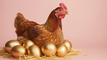 ai generato gallina guardie ✔ d'oro uova, ricchezza simbolo foto