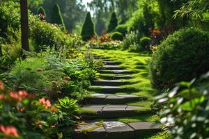 ai generato incantevole giardino sentiero, lussureggiante floreale passerella foto