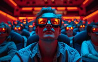 ai generato un' Teatro con persone seduta. un' uomo indossare 3d bicchieri nel un' film Teatro, completamente impegnato nel il travolgente 3d immagini su il schermo. foto