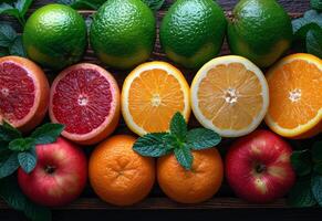 ai generato frutta e verdure Salute benefici. un' varietà di arance, mele, e Pompelmi ad arte di cui su su un' tavolo. foto