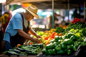 ai generato anziano uomo ordinamento verdure a mercato stalla foto