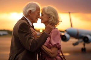 ai generato anziano coppia Abbracciare una persona a aeroporto tramonto foto