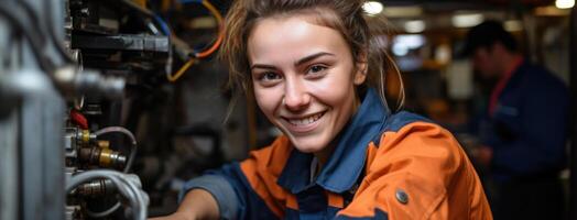 ai generato sorridente femmina ingegnere nel industriale ambientazione foto