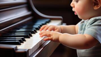 ai generato bambino piccolo giocando pianoforte chiavi foto