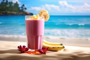 ai generato tropicale frullato su spiaggia foto