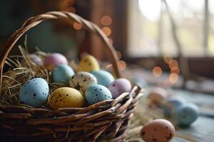 ai generato Pasqua colorato uova nel un' cestino foto