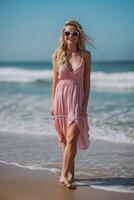 ai generato giovane contento bionda donna nel rosa Abiti su il spiaggia nel caldo paesi foto