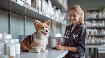 ai generato veterinario nel un' veterinario clinica con cane foto