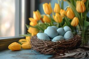 ai generato Pasqua festivo primavera tavolo ambientazione decorazione, uova nel nido, fresco giallo tulipani nel vaso, marshmallows, piume, famiglia cena o prima colazione concetto foto