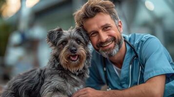 ai generato veterinario nel un' veterinario clinica con cane foto