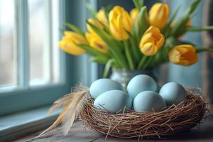 ai generato Pasqua festivo primavera tavolo ambientazione decorazione, uova nel nido, fresco giallo tulipani nel vaso, marshmallows, piume, famiglia cena o prima colazione concetto foto