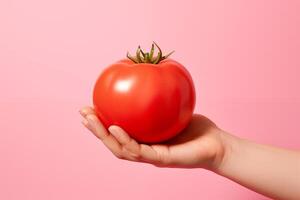 ai generato un' donna di mano detiene un' pomodoro isolato su un' rosa sfondo. ai generativo foto